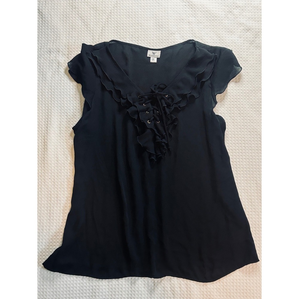 Worthington Women's XL Black Ruffle Lace Up V-Neck Sleeveless Chiffon Blouse Top